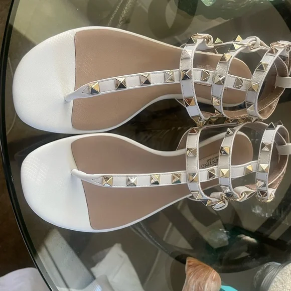 Valentino Garavani White and Gold Studded Sandals - Picture 3 of 5
